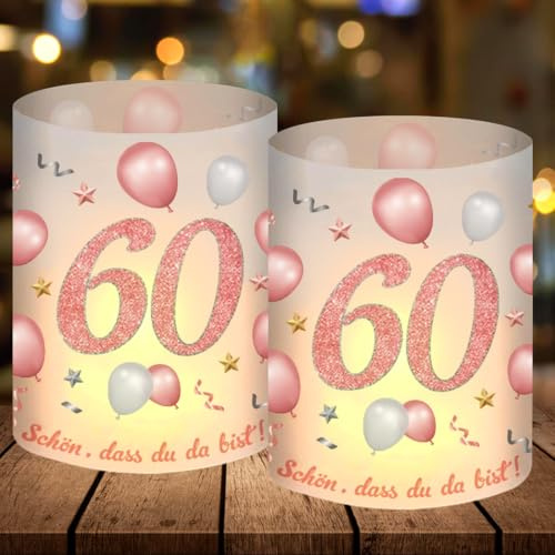 12 Windlicht Tischdeko 60 Geburtstag, Party Deko 60 Geburtstag Frau, Rosegold 60. Deko, Schön DASS Du Da Bist, Geeignet für Teelichter oder Kerzen, Happy Birthday Tischdeko