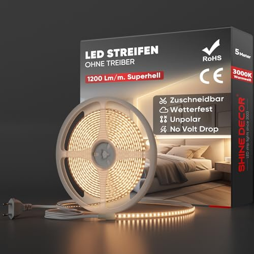 Shine Decor LED Streifen 5m, AC 220V 230V IP65 Wasserdicht LED Band, SMD 2835 120 leds/m Ultrahohe Helligkeit Lichtleiste für Küche Garten LED Beleuchtung (5M, Warmweiß, CE Zertifiziert)