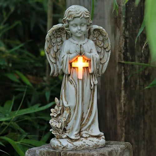 FIYSON Figura de ángel solar de jardín con lámpara de cruz LED, ángel solar rezando, decoración para tumba, ángel solar, resistente a la intemperie, figura de ángel de la guarda para césped, patio,