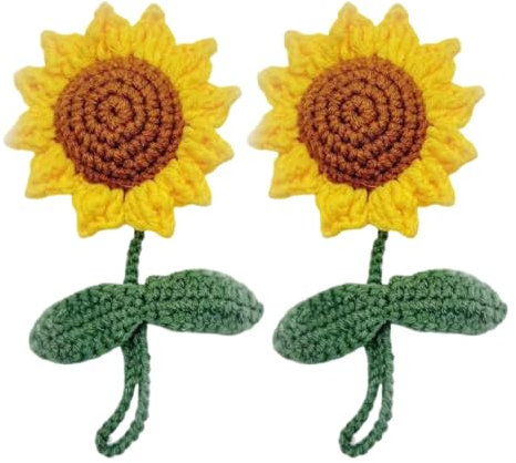 QEXUJOW Innenspiegel 2er-Pack Autospiegel-Anhänger, gestrickter Sonnenblumen-Anhänger, Auto-Rückspiegel-Dekoration, gehäkelte Autospiegel-Hängezubehör