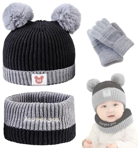 BSITSSS Bambini Cappello Sciarpa e Guanti Set 3 in 1, Berretto con Pompom a Maglia Invernale Beanie Cappello Scaldacollo e Guanti per Ragazzo e Ragazza 1-3 Anni, Nero-Grigio