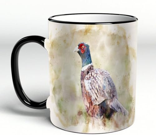 YOIUE Tasse aus Keramik - Große 11oz Tassen 330ml Kaffeetassen mit Henkel, 100% Handbemalt - Trinkgläser mit Griff - Weiß,Halsbandfasan (Phasianus colchicus), männlich, Aquarellbild