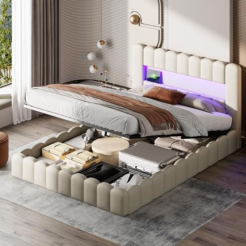 jeerbly Polsterbett 160x200 cm, Doppelbett mit LED Kopfteil und USB Ladefunktion, Hydraulisch Stauraumbett Jugendbett Bettgestell Bett mit Lattenrost aus Holz, Beige