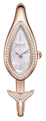 SAGA Mermaid Luxury Cuff Watch for Women, Swiss Ronda Movement, Danube Crystal Teardrop Case, Mother-of-Pearl Dial, 3ATM Water Resistant, Elegant Jewelry Gift for Slender Wrists