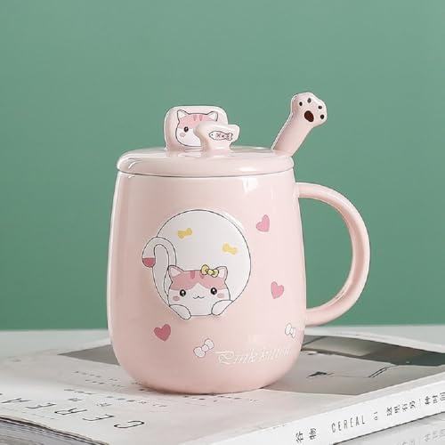 Huiyiwert Süße Katzentasse mit Deckel und Löffel Niedliche Keramik Kaffeetasse Lustige Tasse mit 3D Katzenmotiv 480ml Kakaobecher Milchbecher Geschenk für Frauen Mädchen Freundin (Rosa)