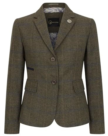 TruClothing Gilet blazer da donna in tweed misto lana verde oliva a scacchi a spina di pesce, Blazer verde oliva, 50