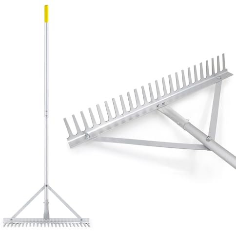 Colwelt Landscape Rake 24Tines, Aluminum Landscaping Rakes with 173cm Handle, Gravel Garden Rake Tool for Beach and Lawn Care