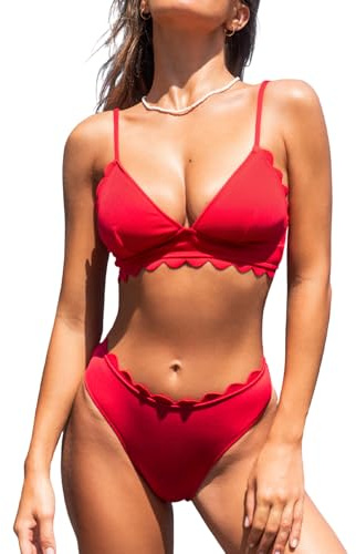 CUPSHE Women's Bikini Set Plunge V Neck Scalloped Lace Up Bikini Bralette Low Waisted Two Piece Bathing Suit