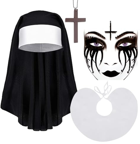 HOWAF Halloween Kostüm Damen Nonne, Kopfbedeckung, Nonnenhaube und Kragen, Kreuz Kette Holz Kreuzkette, Halloween Tattoo Gesicht für Karneval Fasching Nonne Kostüm Damen