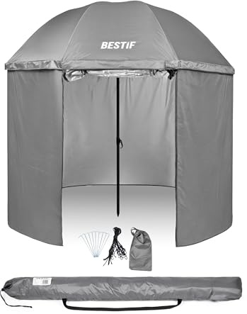 BESTIF Angelschirm 205 cm wasserdicht mit Seitenwand, Angelzelt mit Reißverschluss & Fenster, höhenverstellbarer Angel Parasol 140–225 cm, kippbarer Schirmzelt für Angeln, Camping, Sonne, Regen & Wind