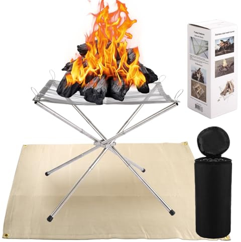 LOLYSIC Portable Fire Pit for Camping, Outdoor Foldable Fire Pit with Carrying Bag & Fireproof Mat, Stainless Steel Mesh Firepit Collapsible Small Firepit for Garden Patio Backyard Travel Picnic
