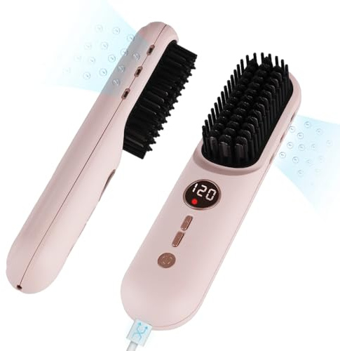 TANSHINE Cordless Hair Straightener Brush,6000Ahm Ionic Hot Brush for Travel,Portable Mini Rechargeable Heated Hair Styler for Women,Thermal Smoothing Brush with Hot Comb,140-200℃,Pink