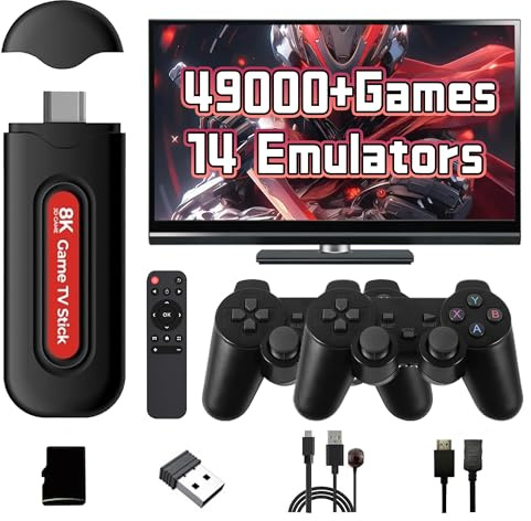 Q9 Pro Retro Gaming Console 4K HD, Portable Video Emulator with built in 49000+ Classic Games 14 Emulators, Plug and Play Video Games Stick for TV with 2 x 2.4G Wireless Controllers, Support WiFi