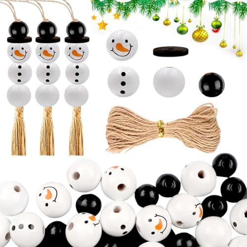 KDFSSIPE 150 Stück Weihnachten Holzperlen Set, Holzkugeln-Set mit Weihnachtsschneemann Gesicht mit Hanfseil, Deko Weihnachten Holzperlen mit Gesicht, für Büros Parteien Urlaub DIY Dekorationen