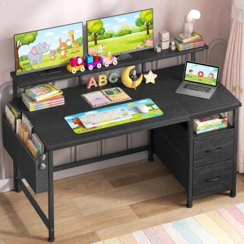 Klyvvo 120x48 cm Rechteckig Schreibtisch für Studieren, Homeoffice, Gaming | Ergonomisch Computertisch mit 2 Schubladen, 1 Hängeorganizer, Monitorständer, Kabeltüllen, 3-Verstellbare Höhe, Schwarz