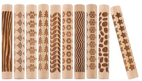 Lurrose 10pcs Clay Modeling Pattern Rollers Wooden Clay Texture Rollers Rolling Pins for DIY Handmade Art Supplies