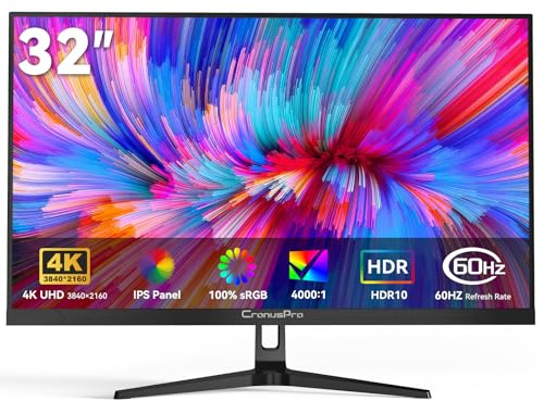 CronusPro 32 Inch 4K UHD Monitor (3840x2160) IPS Panel, 100% sRGB, 4000:1 Contrast, Eye Care, HDR10, 60Hz, AMD FreeSync, HDMI/DisplayPort, Computer Monitor for Designer Office Home Black VESA 75x75mm