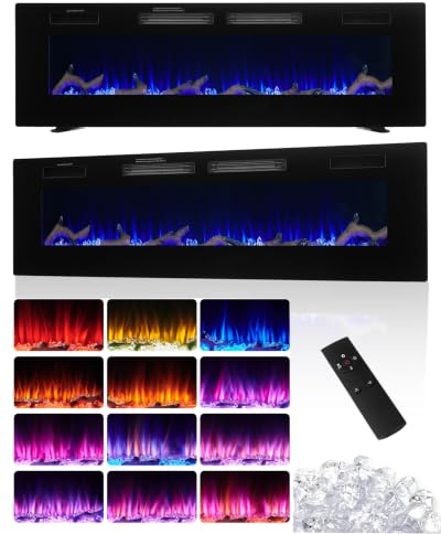 42/50/60 Ultra-Thin Electric Fireplace 750W/1500W Energy Efficient Heater Freestanding/Wall Mounted/Recessed 12 Colours Flame Effect 5 Brightness Levels Remote & Touch(Black, 50in/127cm)