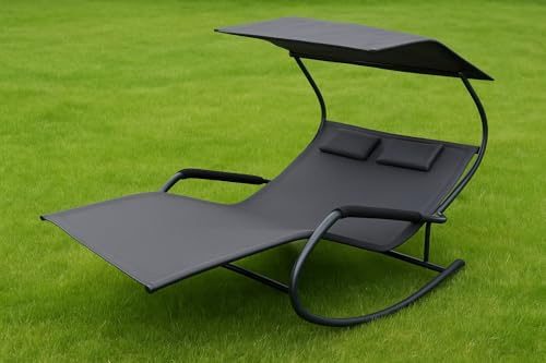 Gardissimo Doppel-Sonnenliege Trendy, Anthrazit, für 2 Personen | mit Sonnendach, 2 Kopfkissen, Schaukelfunktion, UV-Schutz 50+, Stahlrohr, Kunststoff-Outdoor-Gewebe