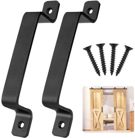 Tmidumo 2 Pack Barn Door Pull Handles, 7.4 Inch Black Sliding Door Handles | Pull Push Door Handles with Fixing Screws for Wardrobe Dresser Wooden Garage Doors, Carbon Steel with Matte Black Coating