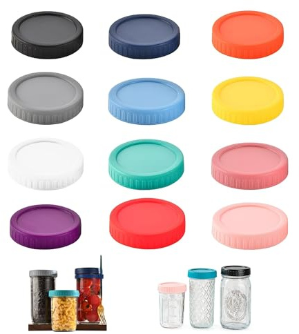 24 Pack Regular Mouth Mason Jar Lids, 70mm Colored Plastic Canning Lids with Silicone Rings, Leak Proof & Thickened, Reusable Covers Fit Ball, Kerr and More, Dishwasher Safe (24)