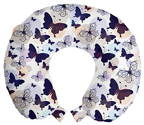 Ambesonne Butterfly Travel Pillow Neck Rest, Silhouettes and with Swirled Curly Wings on Pastel Color Blots, Memory Foam Traveling Accessory for Airplane and Car, 12, Purple Navy