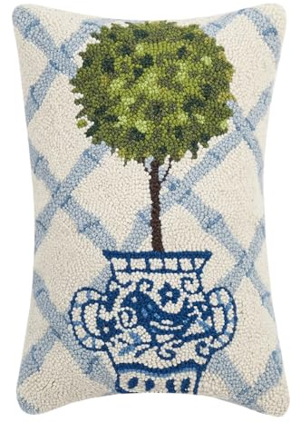 Peking Handicraft Ball Topiary in Chinoiserie Pot with Blue Trellis 12 x 18 Hooked Wool Throw Pillow with Polyfill Insert