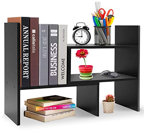 Hossejoy Adjustable MDF Desktop Bookshelf Desk Storage Organizer Display Shelf Rack, Counter Top Bookcase, Black