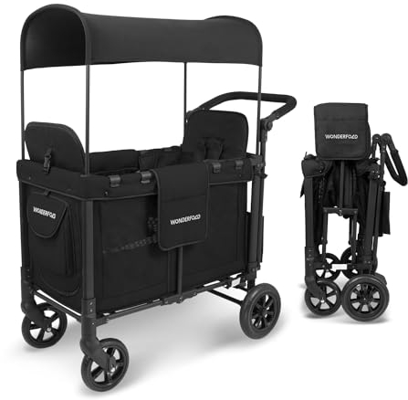 WONDERFOLD W2 Original Doppel-Kinderwagen mit 2 hohen Sitzen, 5-Punkt-Gurten, leicht zugänglicher Fronttür mit Reißverschluss und abnehmbarem UV-Schutzdach, Schwarz
