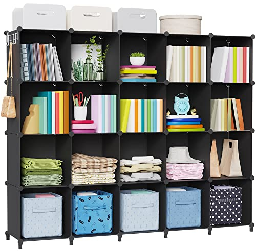 HOMIDEC Armario Modular Estantería plástico, 20 Cubos Organizador de Almacenamiento Zapatero, Estantes de Almacenamiento para la Ropa, Juguetes, Zapatillas, Libros, Negro