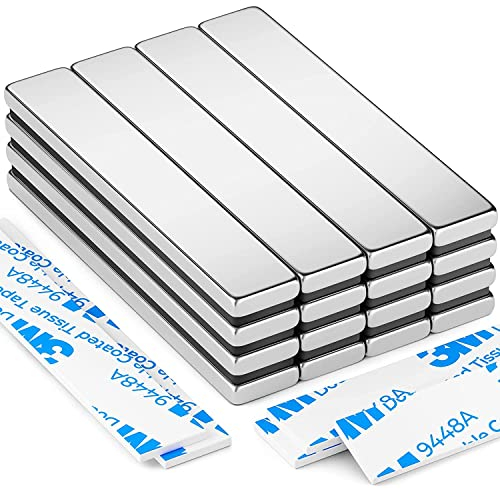 16 Pack Strong Magnet, Neodymium Magnetic Bar, 60 x 10 x 3 mm Rare Earth Magnet, Bar Magnets, Extremely Powerful Magnets with 16 Pcs Double-sided Adhesive for Multi-Use