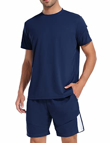 Litherday Completo Sportivo Uomo Estivo con Maglietta a Manica Corta e Pantaloncini con Tasche per Jogging Palestra,Blu,L