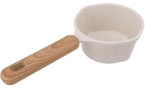 Cacerola Pequeña para Leche, Cacerola Antiadherente Blanca, Olla Multifuncional con Mango de Madera para Freír, Mini Calentador de Mantequilla, Fondo Plano