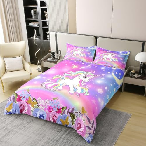 Cartoon Einhorn 100% Bio-Baumwolle Tröster Abdeckung Regenbogen funkelnde Sterne Glitter Galaxy Bettbezug Set 200x200 Größe für Schlafzimmer Krawatte Dye Sky Flowers Bettwäsche Set mit 2 Kissenbezügen