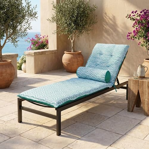 Coussin de Transat avec Traversin - 195x60x5 cm - Déperlant, Résistant aux UV et Confortable - Matelas pour Chaise Longue et Bain de Soleil - Motif Éventaile vers - DÉCO Arts