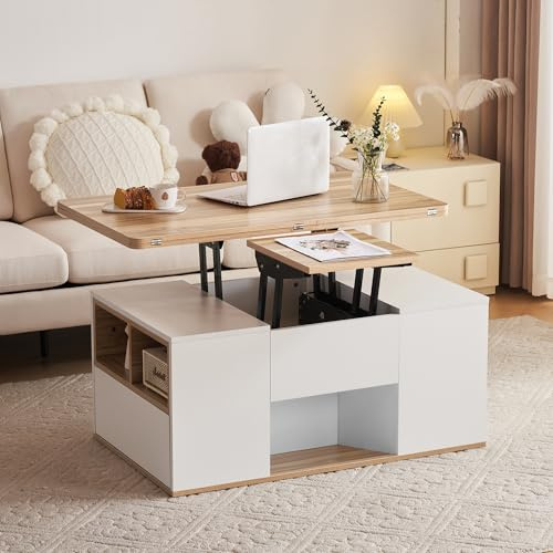 ModernLuxe Coffee Table with Storage, Lift Up Coffee Table for Living Room, Side Table with 2 Drawers and Open Storage Compartments, Height Adjustable, 3 Modes, Rounded Corner Design, White & Oak