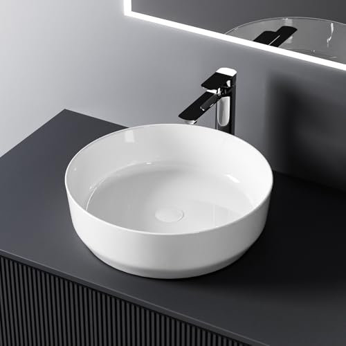 EMKE vasque à poser, Lavabo en Céramique à Poser Rond,390 x 390 x 120 mm, Montage Comptoir, Blanc brillant,Vasque de à Poser pour Salle de Bain et WC
