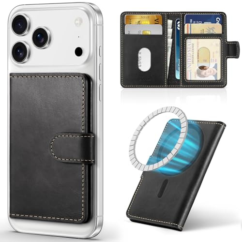 SHIELDON Genuine Leather Magnetic Wallet Card Holder, Retro Black | RFID Blocking, 6 Card Slots, ID Window, Slim Phone Wallet, for iPhone 17/16/15/14/13/12 Series & Magnetic Case