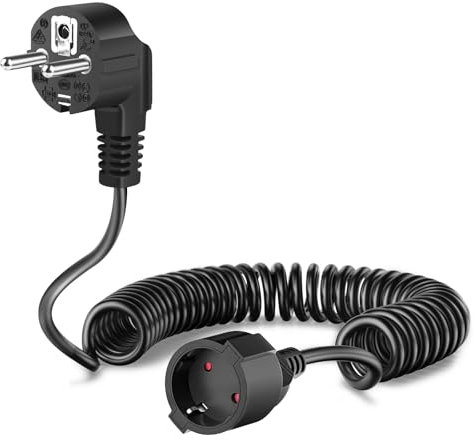 Cavo a Spirale con Contatto di Protezione, Cavo di Prolunga Schuko Estensibile da 0,6 m a 3 m Max, Cavo di Prolunga IP20, 230 V, 16 A, Cavo a Spirale con Spina Schuko e Giunto, Nero