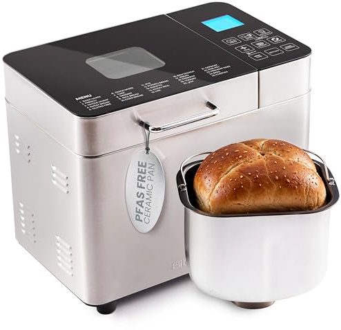 Elite Gourmet Programmable 2-Lb Bread Maker, PFAS Free Ceramic Ceralast™ Pan, Touch Screen Control Panel, 19 Functions, Gluten Free, White, Wheat, Rye & More, 3 Loaf Sizes, Stainless Steel