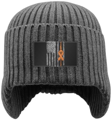 Kidney Cancer Awareness America Flag Beanie Hat with Earflaps Winter Knitted Hat for Men Women Warm Knit Skull Ski Hat for Outdoor Gifts Gray