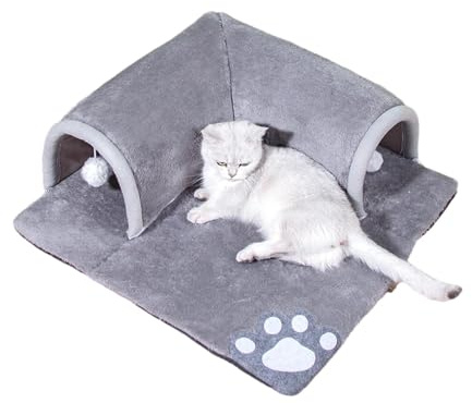 Lit Tunnel pour Chat, Tunnel pour Chat avec Coussin Amovible, Tube De Tunnel De Jeu Pliable, Lit Tunnel pour Chat avec Jouets Boules en Peluche, Tube Tunnel Pliable pour Chat