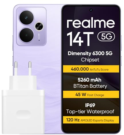 realme 14T 5G teléfono Inteligente de 8 + 256 GB, Procesador 5G Dimensity 6300, Batería de 5260 mAh, Carga rápida de 45 W, Pantalla AMOLED para Esports de 120 Hz, IP69, NFC, Púrpura(sin Adaptador)
