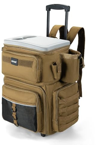 Goture 66L Fishing Tackle Bag with Wheels, 600D Oxford EVA Cover Fishing Backpack with Insulated Cooler, Fits 5 x 3700 Boxes, Water-Resistant Fishing Rucksack with Rod Holder – Khaki (Bag Only)