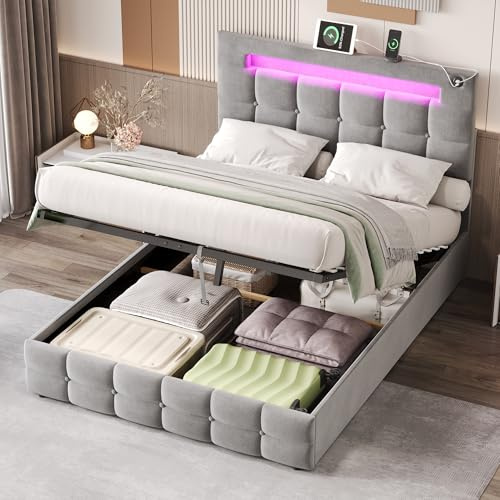 Gxffipw 4ft6 Upholstered Double Bed Frame with LED Lighting and USB Type-C, Velvet Ottoman Bed Double 135x190 cm with Hydraulic Storage and Adjustable Button Tufted Headboard, Grey, No Mattress