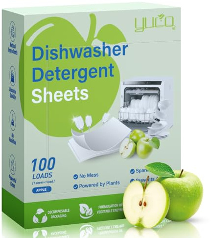YUCO Dishwasher Tablets Dishwasher Detergent Sheets 100 Loads, Liquid-Free Dish Soap Cleaner Eco-Friendly Use in Dishwasher or Sink, Leaving Dishes Sparkling Clean (Green Apple)