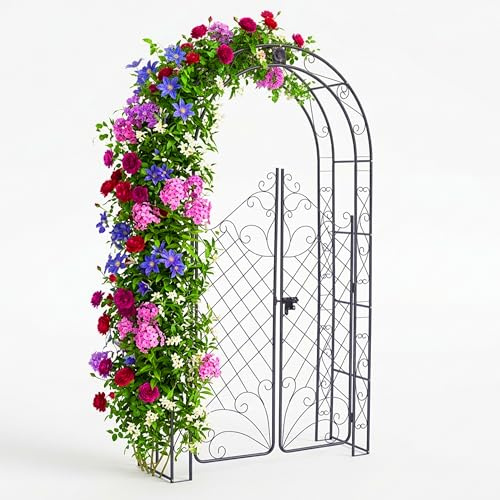 Relaxdays Rosenbogen mit Tür, Metall, Torbogen Garten, schwarz | HxBxT: 220 x 120 x 40 cm, Rankbogen für Kletterpflanzen