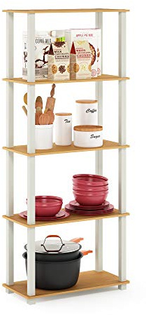 Furinno Turn-S-Tube Espositore multiuso a 5 livelli con tubi quadrati, faggio/bianco