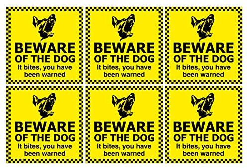 Pack of 6 Security Signs Beware of the Dog It Bites You Have Been Warned Size 120mm x 120mm Self Adhesive Vinyl Stickers Ideal for Businesses and Homes