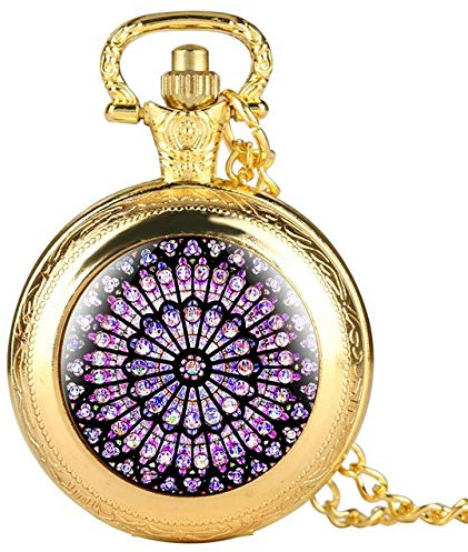 WOAIXI Montre De Poche Vintage,Le Vitrail Rose Notre Dame De Paris Cathédrale Pocket Watch Symbole De Paris Patrimoine Culturel Collectibles Cadeau, Or